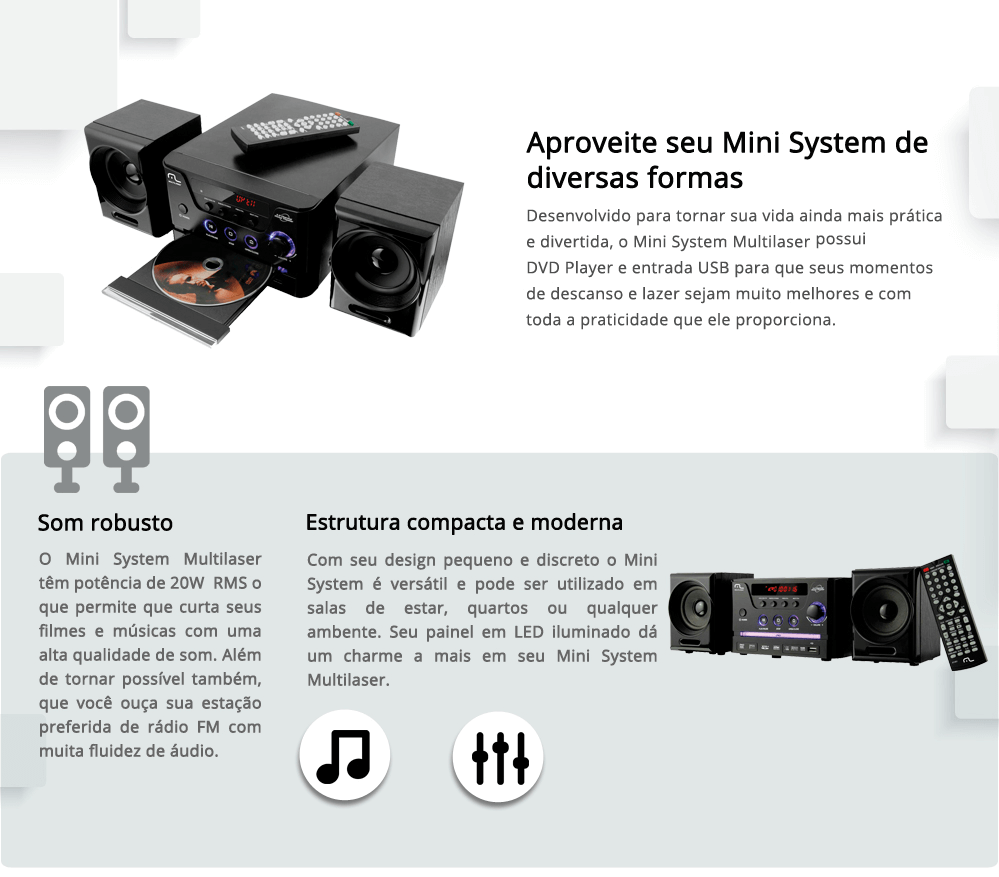 MINI SYSTEM MULTILASER DVD Player, Rádio FM, Karaokê e USB