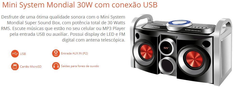MINI SYSTEM MONDIAL PARTYBOX USB/SD/AUX e Rádio FM - 30W