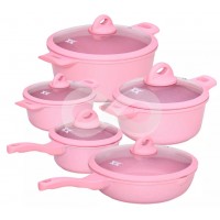 Jogo de Panelas Antiadrente Fogao Indu&ccedil;ao Rosa 5 Pe&ccedil;as Tampa Vidro