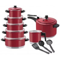 Jogo de Panelas 10 Pe&ccedil;as Panela de Pressao Vermelho 3 Talheres