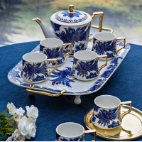 Jogo de Cha Porcelana 4 Pe&ccedil;as Thompson com Bandeja Azul