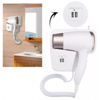 Secador de Cabelos de Parede 1300W com Tomadas USB Branco