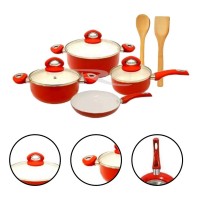 JOGO DE PANELAS ESMALTADAS 4 PECAS REVESTIMENTO EM CERAMICA + 02 COLHERES - RED