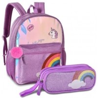 MOCHILA ESCOLAR INFANTIL CLIO - P/ COSTAS TAMANHO G - LILAS/UNICORNIO - C/ ESTOJO DUPLO