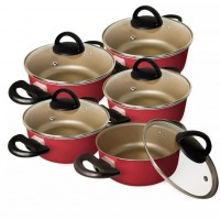 CONJUNTO 5 CA&Ccedil;AROLAS ANTIADERENTE C/ TAMPA DE VIDRO UTENSILIOS - CEREJA