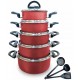 CONJUNTO 5 CAÇAROLAS ANTIADERENTE C/ TAMPA DE VIDRO UTENSILIOS - CEREJA