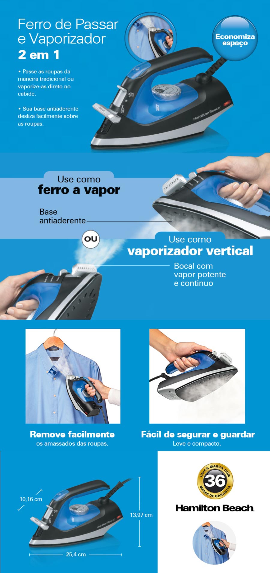 FERRO DE PASSAR HAMILTON BEACH BLUELUX 1300W - VAPORIZADOR VERTICAL