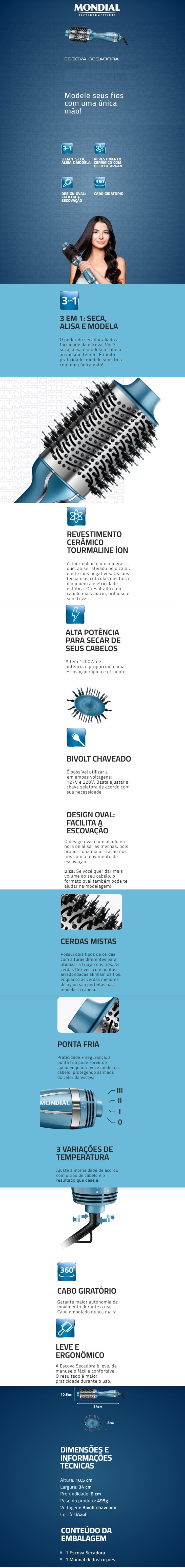 Escova Secadora 3X1 Mondial 1200W Bivolt Azul titanium pro