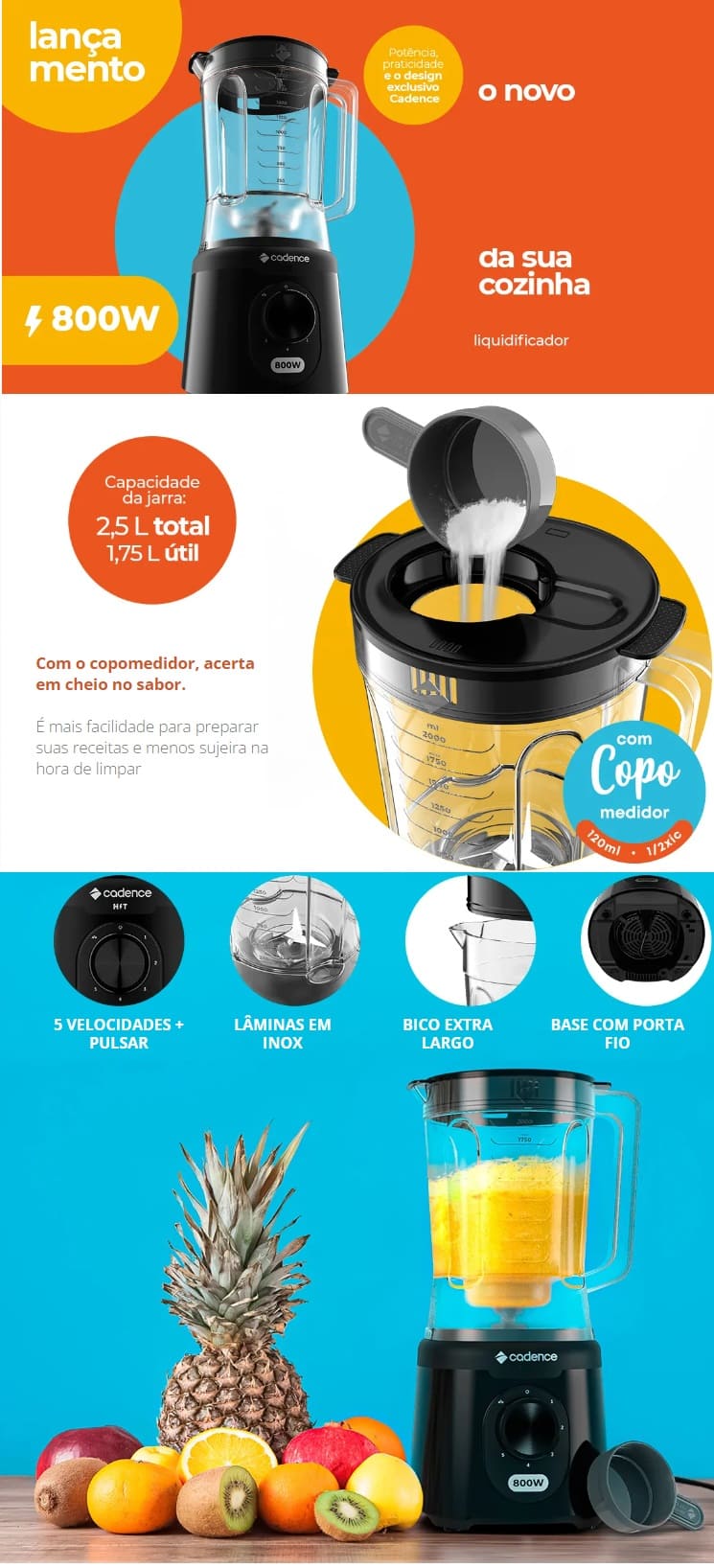 Liquidificador 800W Cadence 2.5L 5 Velocidades Preto hit800