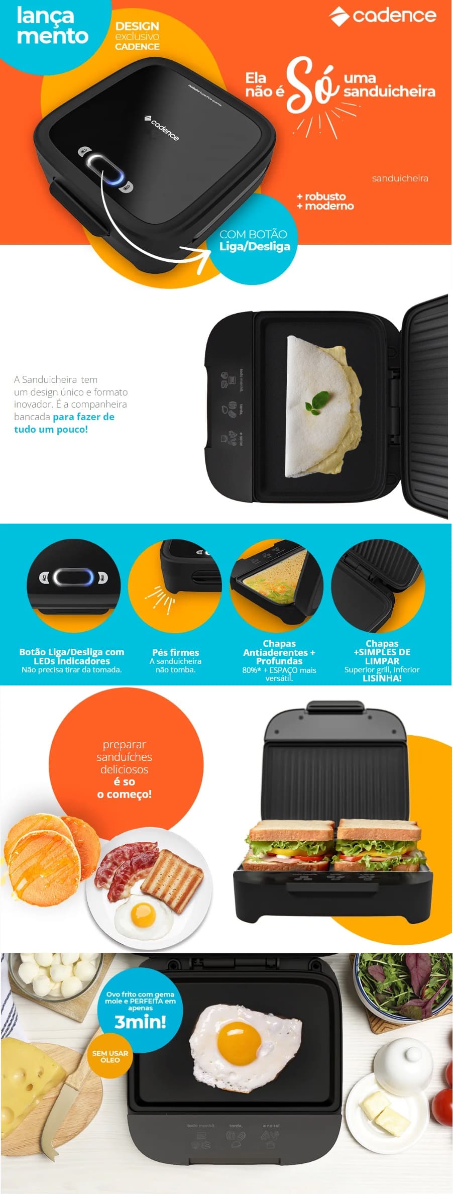 Sanduicheira Eletrica 750W Cadence Antiaderente Profunda Preta Click SAN400