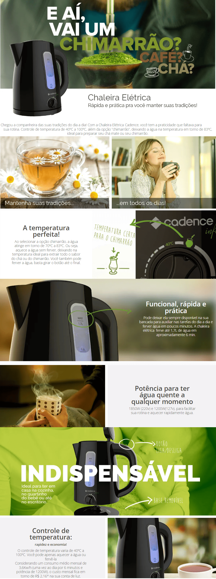 Chaleira Eletrica 1.7L Cadence 1200W Preta infusion CEL550