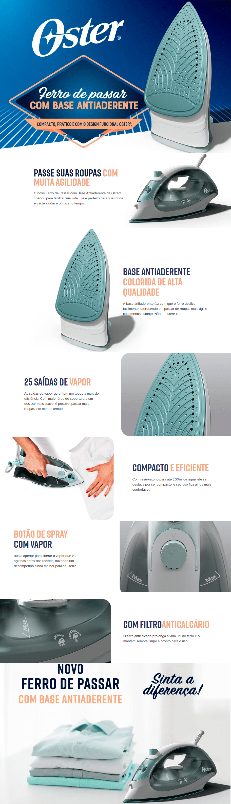 Ferro de Passar a Vapor Oster 1200W Base Antiaderente Verde GCSTBS5052
