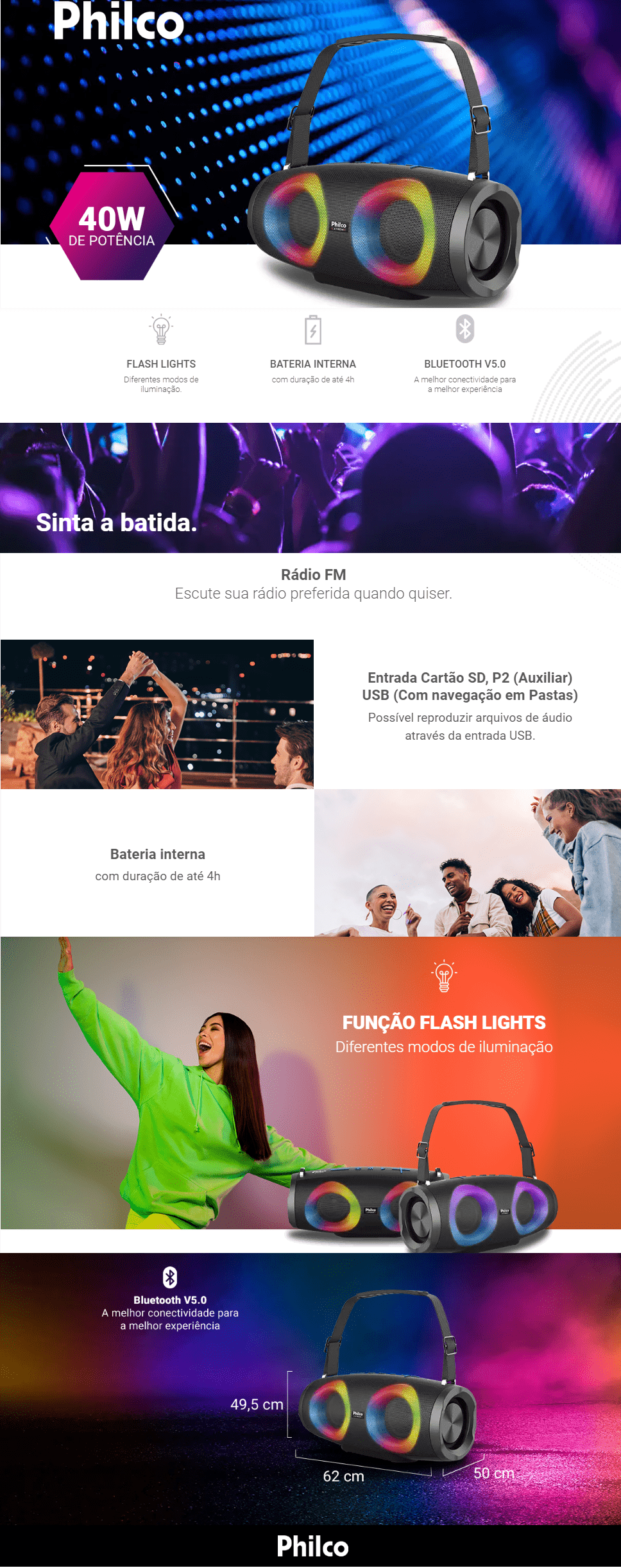 Caixa de Som Portatil Philco Blueth 40W FM 8h Bateria xtrem pbs45bt