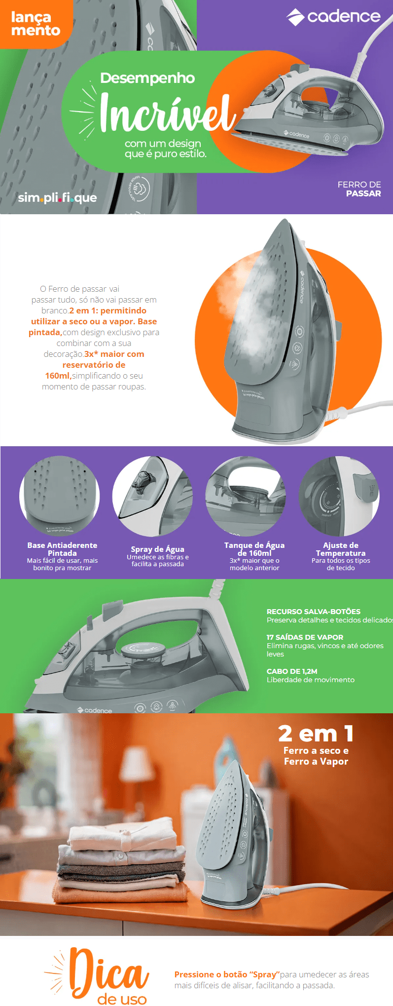 Ferro de Passar 2X1 Cadence 1200W Antiaderente Spray Cinza IRO215
