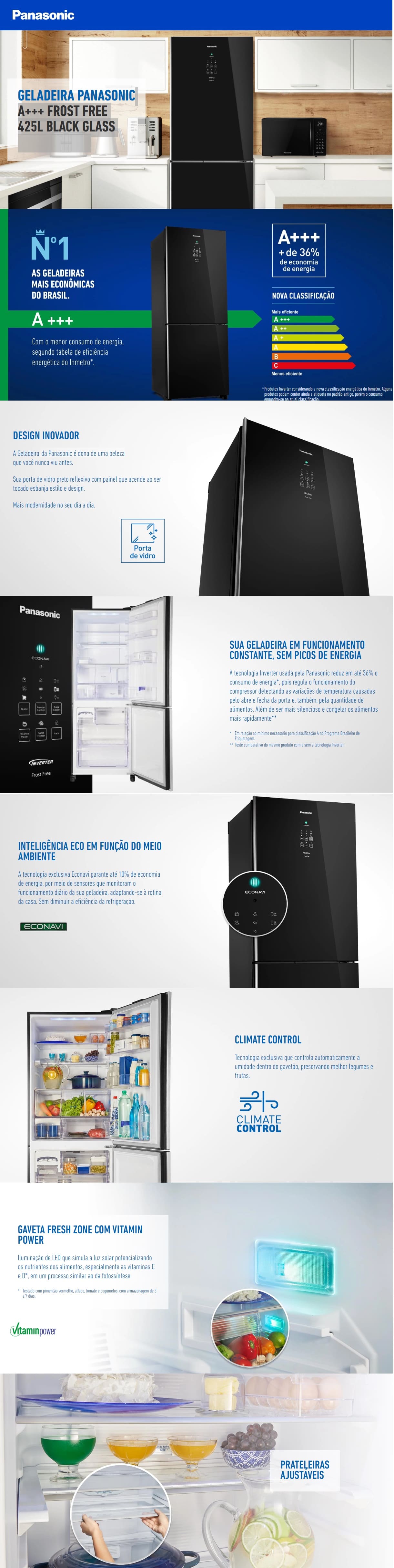 Geladeira Panasonic Duplex Frost Free 425L Black Glass BB53