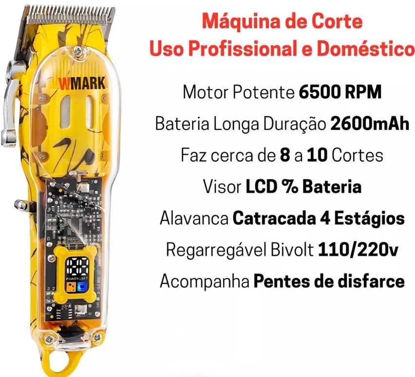 Maquina de Cortar Cabelos Wmark Sem fio 6 Pentes Amarelo Transparente Bivolt Ng411