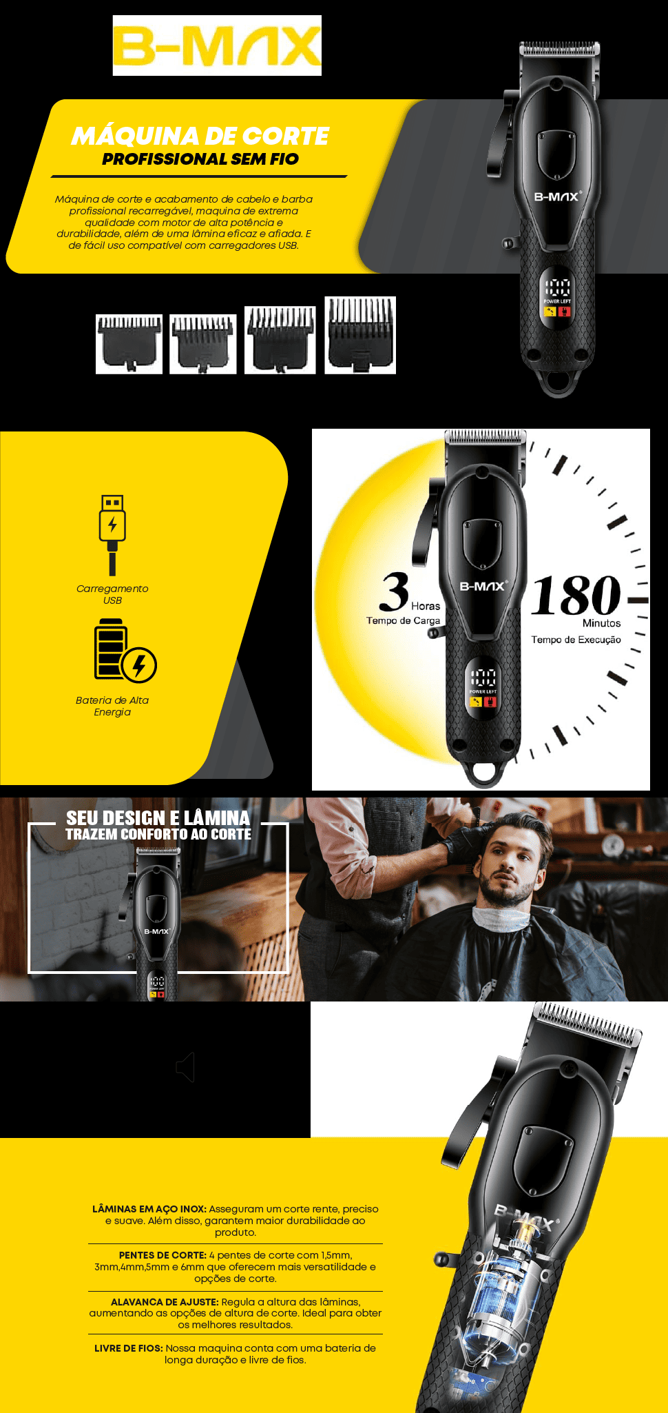 Maquina Cortar Cabelos Sem Fio Bmax 4 Pentes Bivolt Preta BMC023