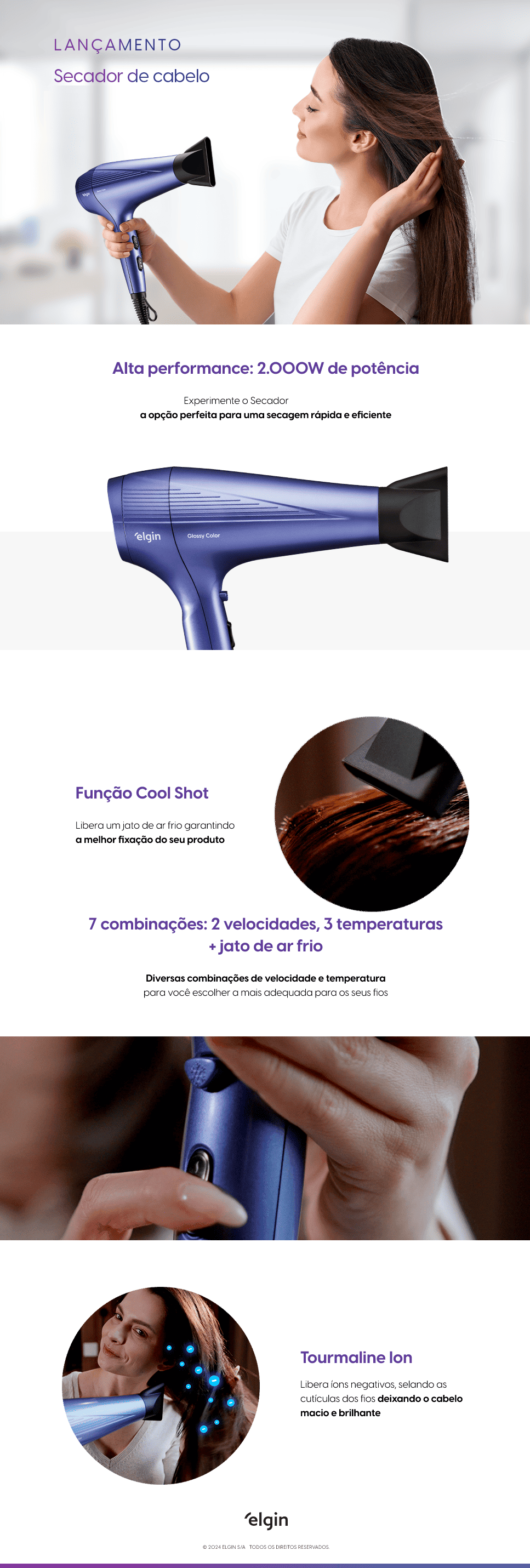 Secador de Cabelos 2000W Elgin 2 Velocidades 3 Temperaturas Roxo Glossy Color