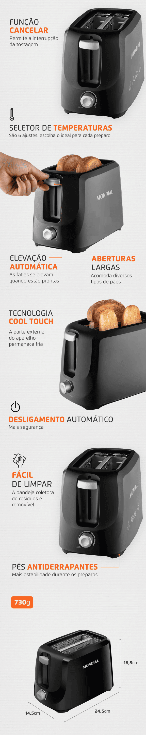 Torradeira Mondial 2 Fatias 700W 6 Niveis Preta T18