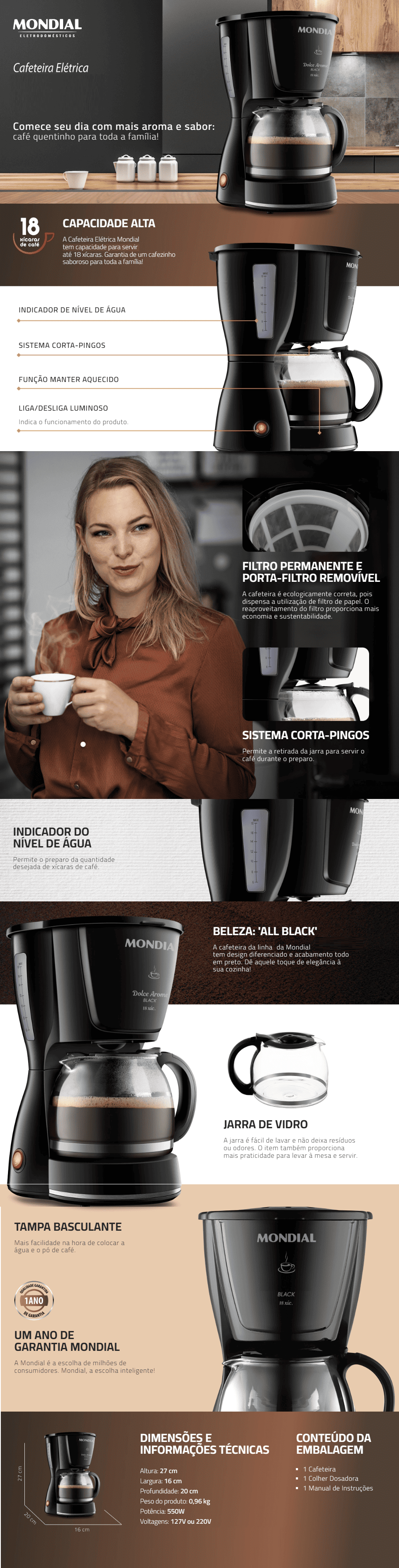 Cafeteira Eletrica 18 Xicaras 550W Mondial Preta