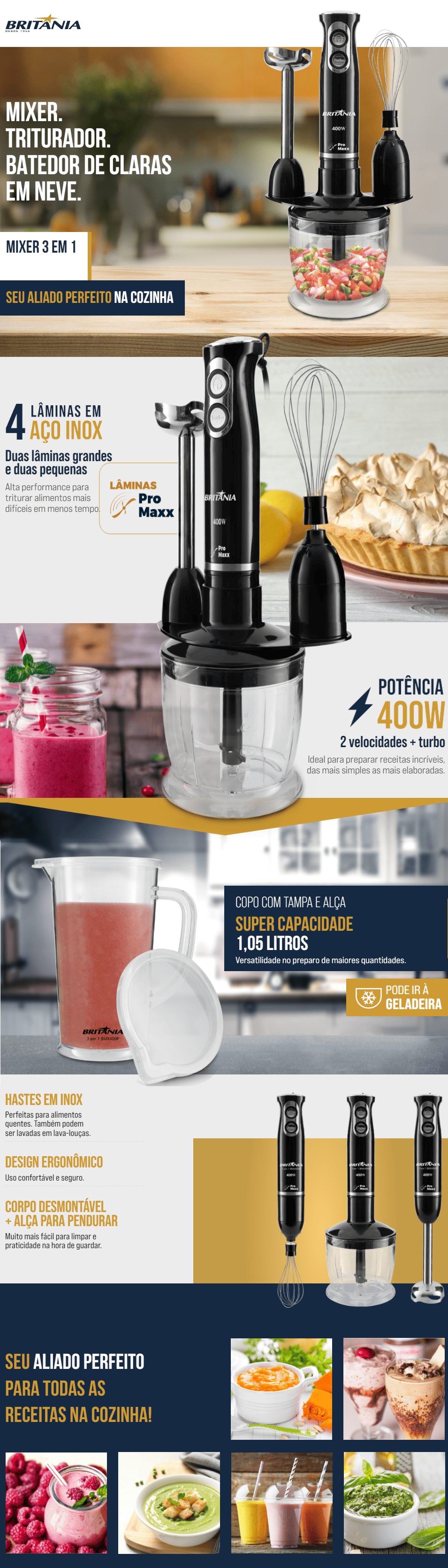 Mixer 3X1 Jarra 1.2L 500W Britania 2 Velocidades Preto BMX400P