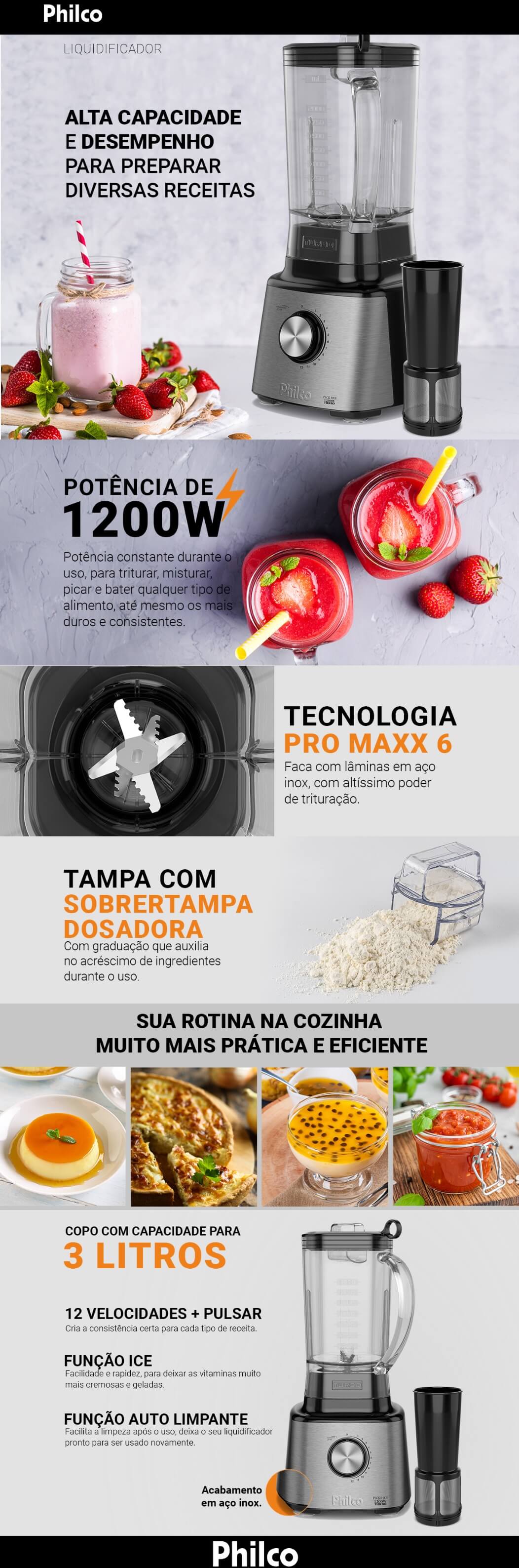 Liquidificador Philco 3L Turbo 12 Velocidades 1200W Inox