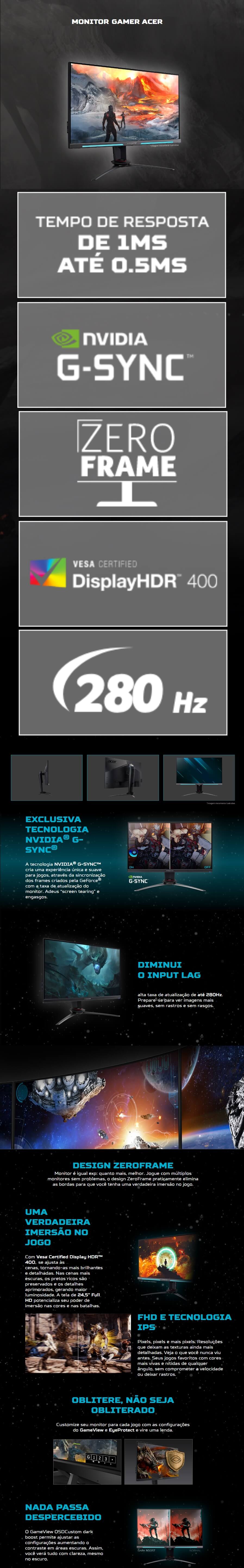 Monitor Gamer Acer Led 24 Full HD 280Hz DispayPort HDMI