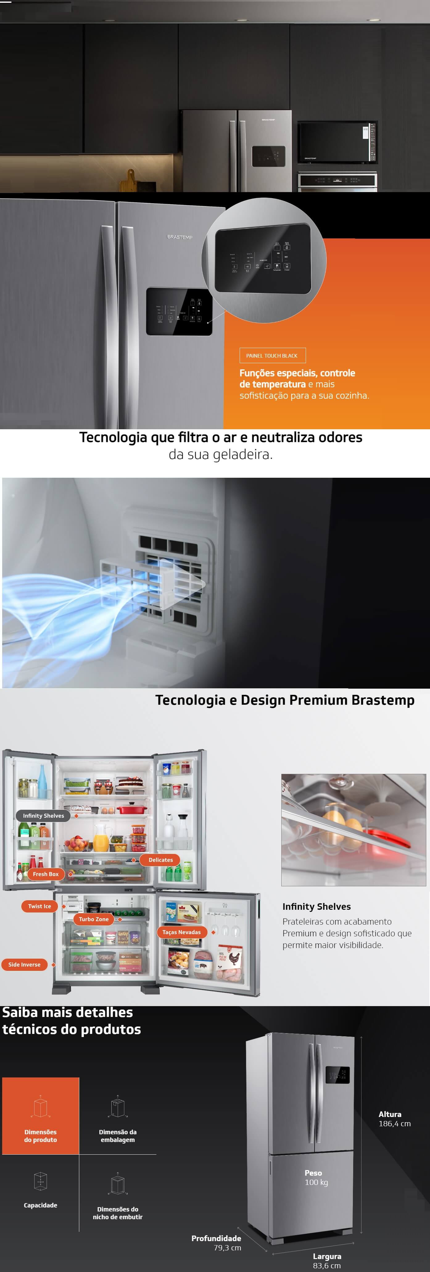 Geladeira Brastemp 554L Painel Digital Frost Free 3 Portas Inox BRO85AK