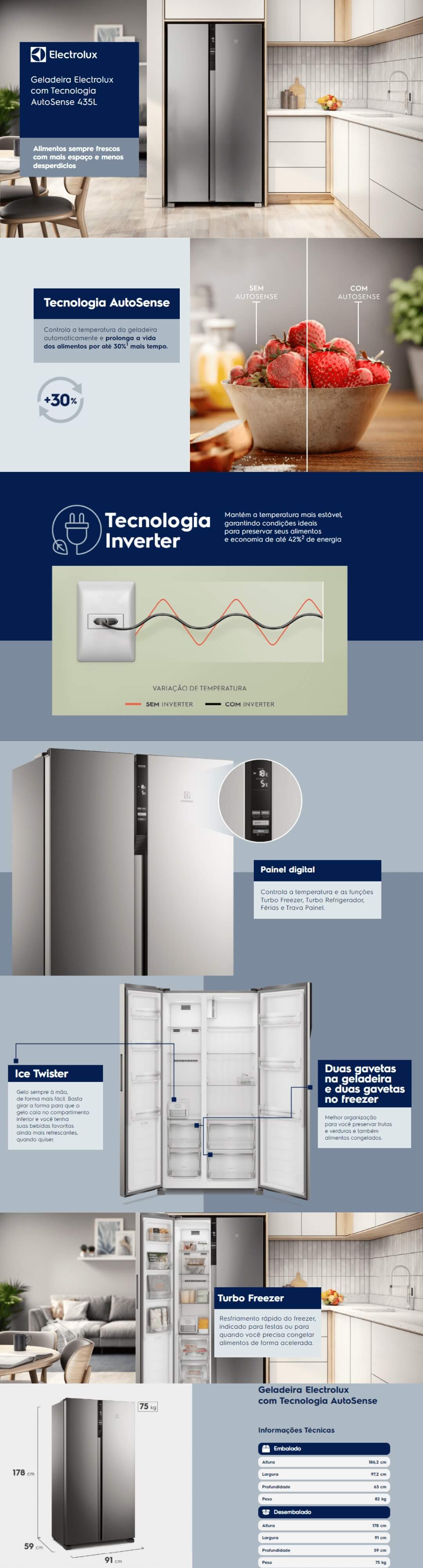 Refrigerador Electrolux 435L Frost Free Tecnologia Autosense Inox 220V IS4S