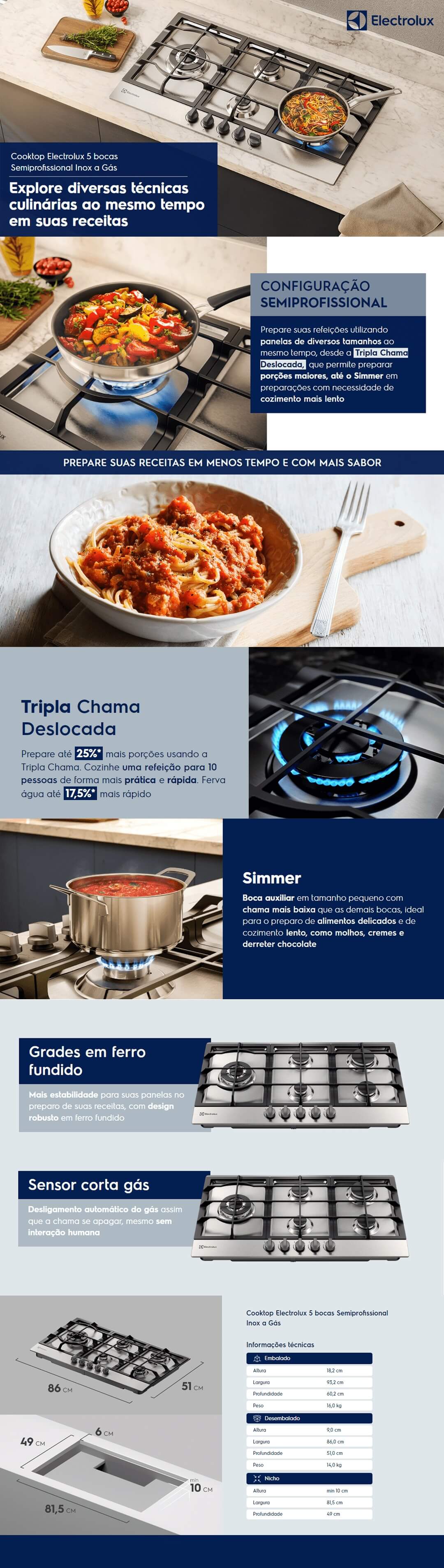 Fogao Cooktop a Gas Electrolux 5 Bocas SemiProfissional Inox Bivolt KE9DX