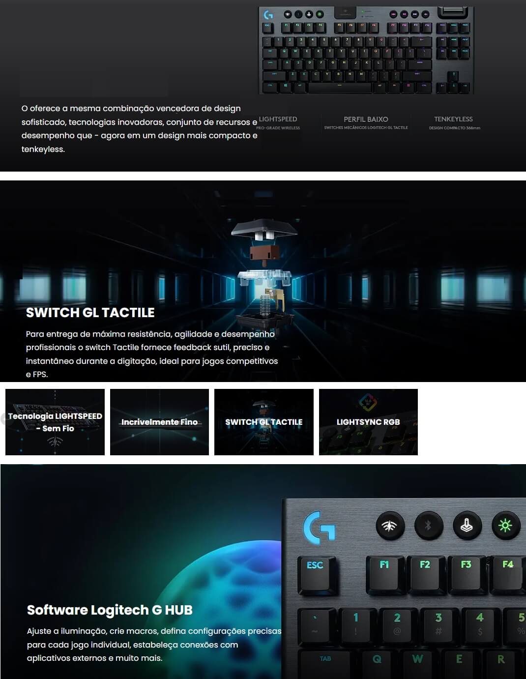 Teclado Gamer Mecanico Logitech Sem fio Ultrafino RGB Branco G915 TKL