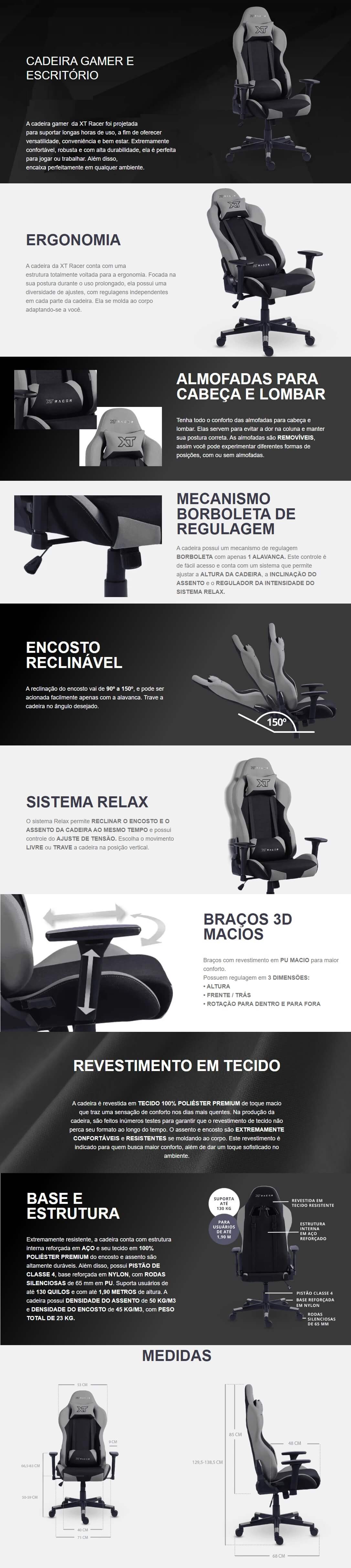 Cadeira Gamer Xt Racer Reclinavel 3D Almofadas Apoio Braços Preto e Cinza Defender