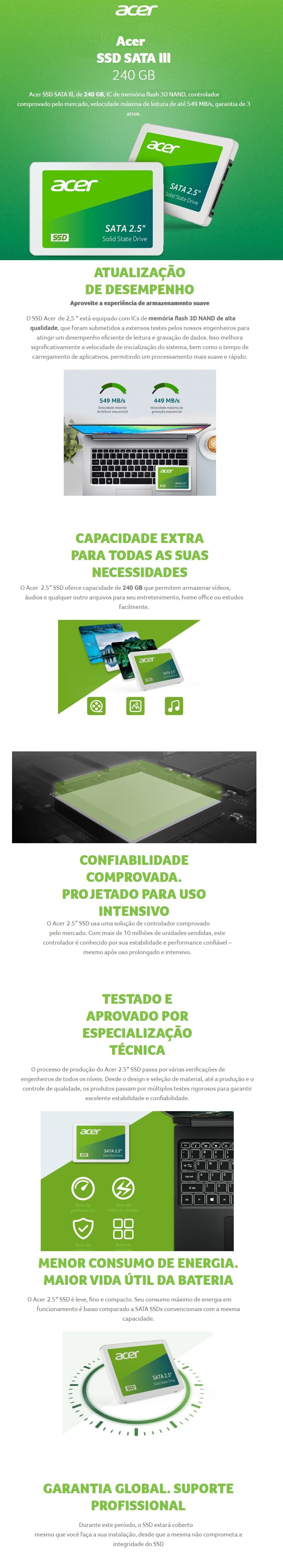 SSD 240GB Acer SATA III Leitura 549Mbs Gravaçao 449Mbs sa1000
