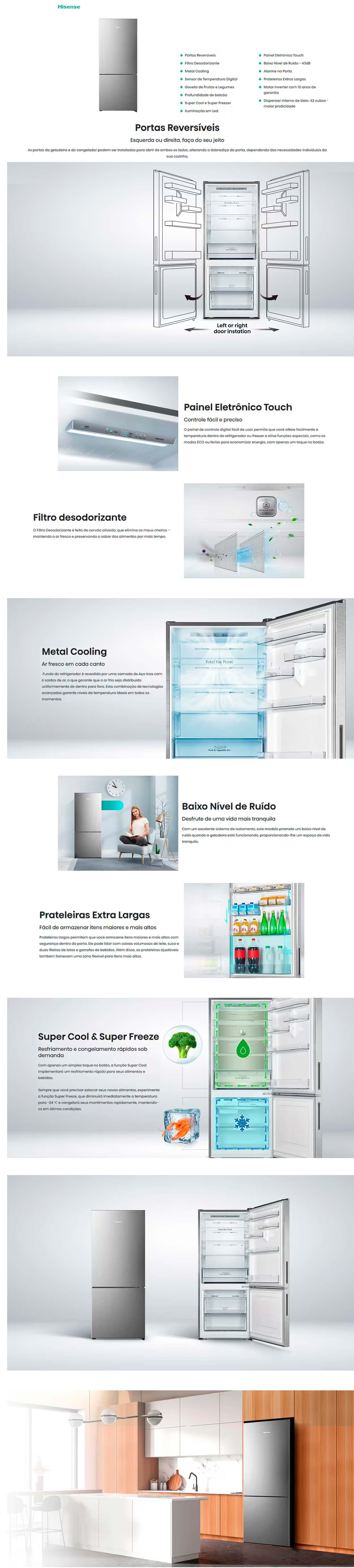 Geladeira Hisense Frost Free 397L Inverter Portas Reversiveis Painel Touch Inox RB52W