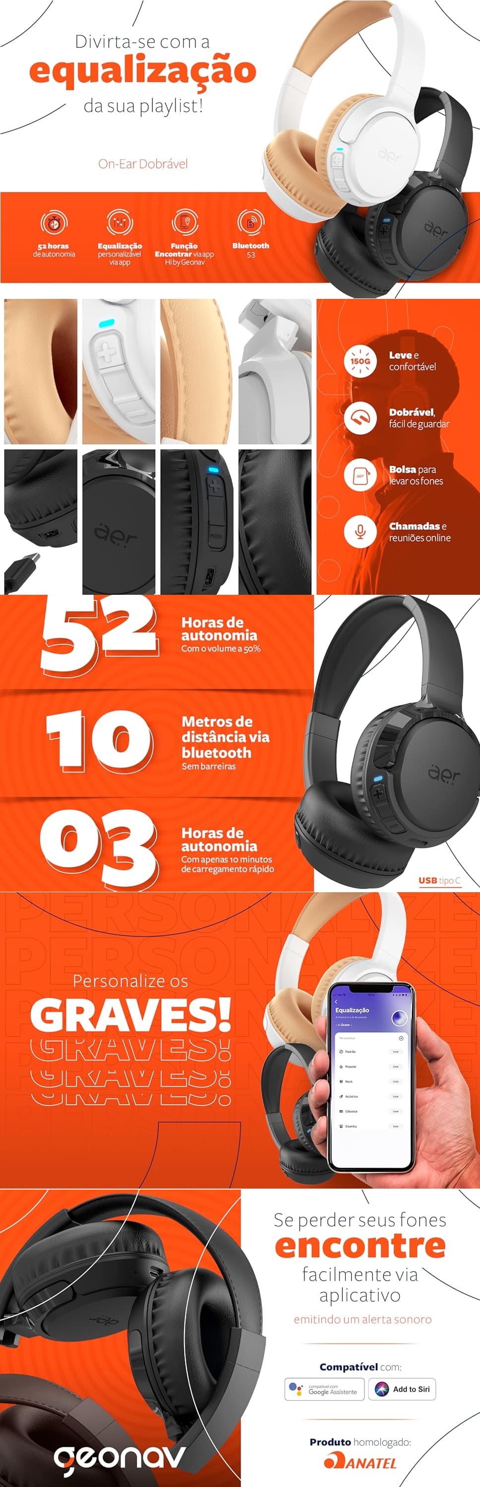 Fone de Ouvido Sem fio Geonav 96 db Autonomia 52h branco Caramelo AERJOY AER13WT