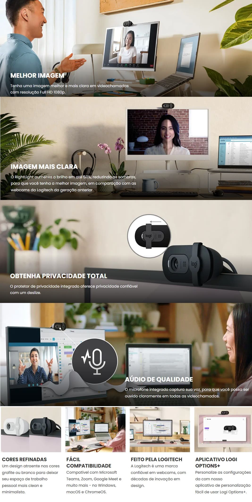 Webcam Full HD Logitech AutoFoco Microfone Integrado USB Brio 100