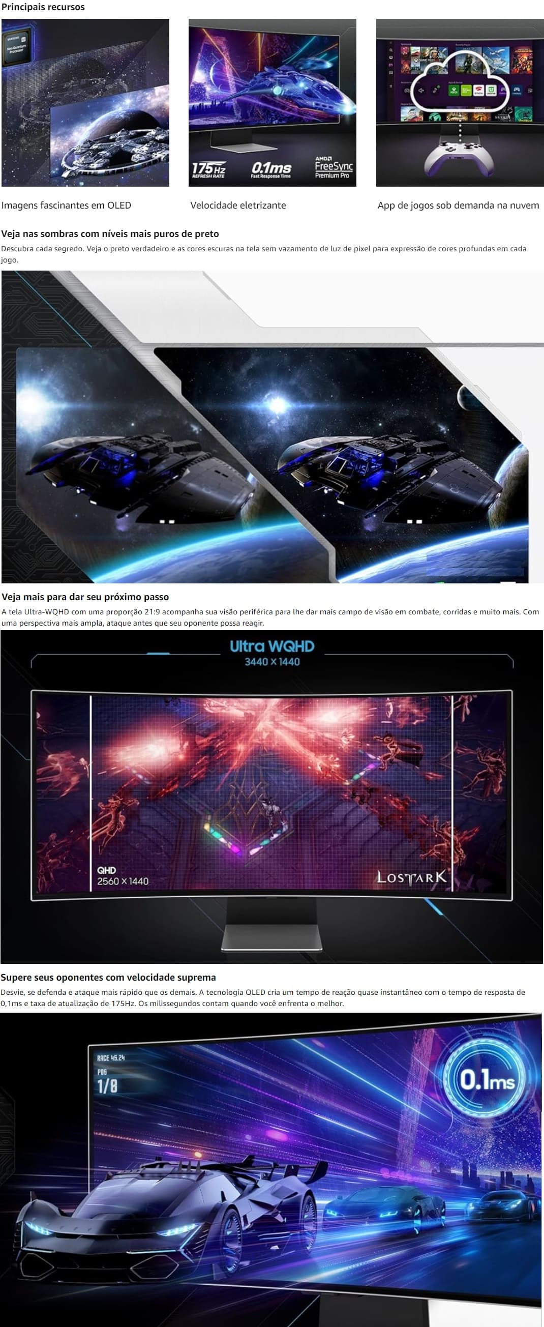 Monitor Gamer 34 Pol Samsung 175Hz Curvo 0.1ms Controle Remoto DisplayPort Odyssey G8  LS34BG850SLXZD