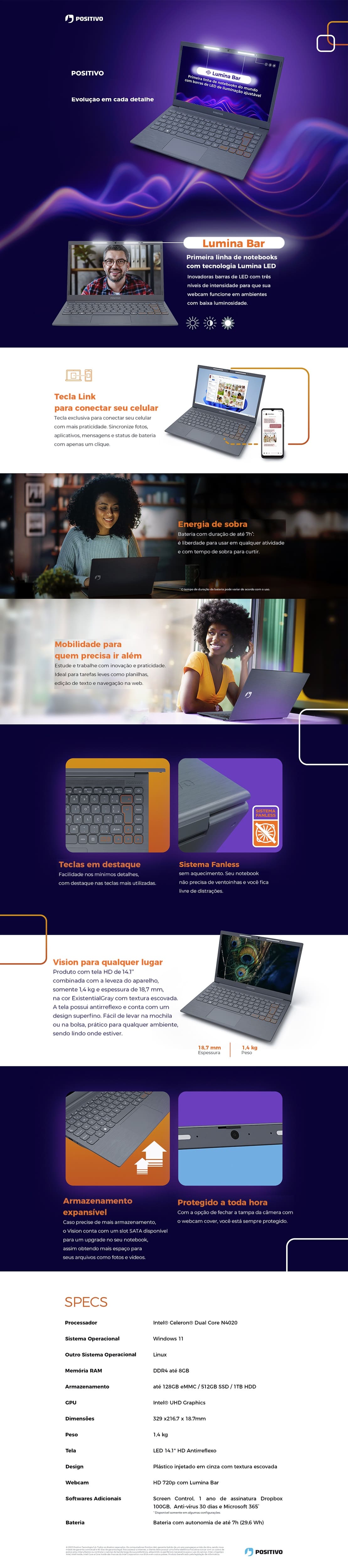 Notebook Positivo Tela 14 Dual Core 4GB Ram eMMC de ate 128GB Microsoft 365 Win 11 Vision C14 Notebook Positivo Tela 14 Dual Core 4GB Ram eMMC de ate 128GB Microsoft 365 Win 11 Vision C14