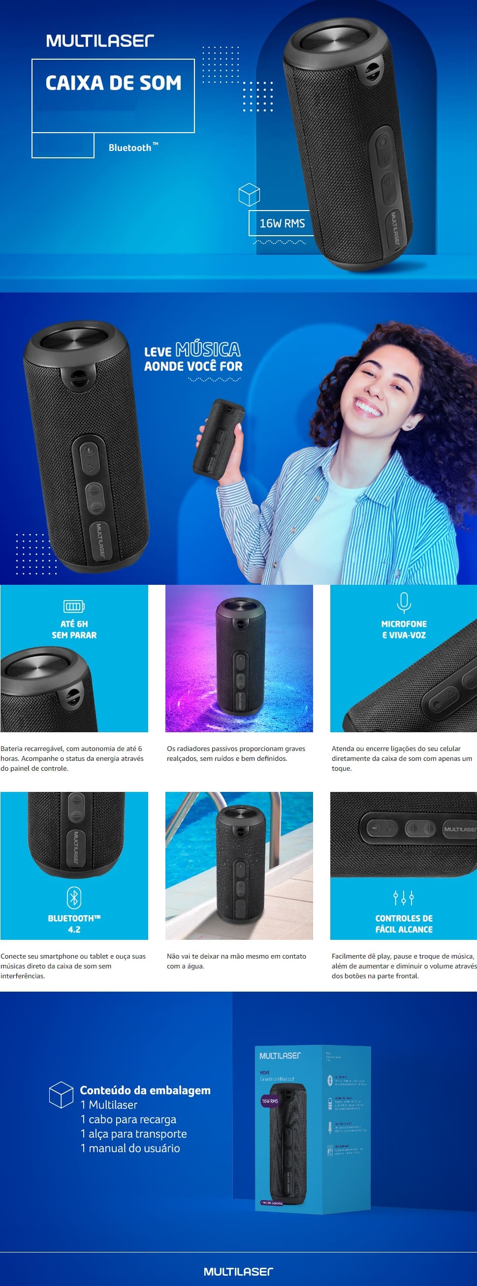 Caixa de Som Sem fio 16W Multilaser USB Autonomia 6H Preta move SP347