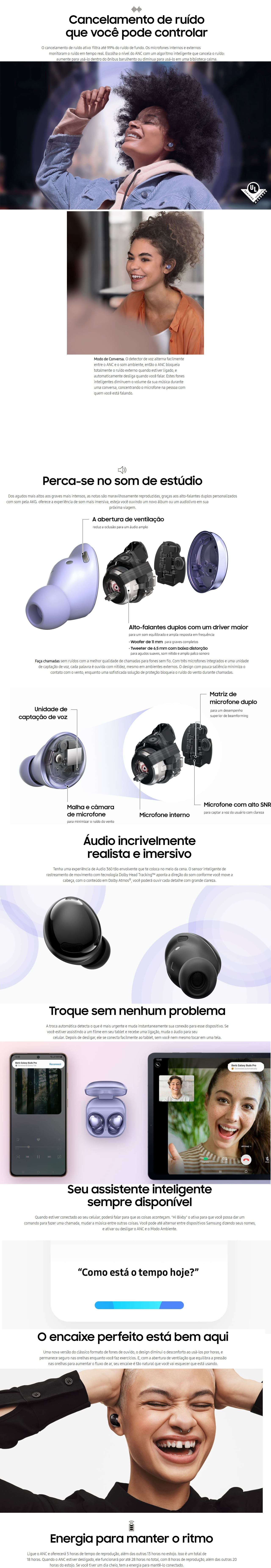 Fone de Ouvido Sem fio Samsung 35 db Cancelador de Ruido Violeta Galaxy Buds Pro