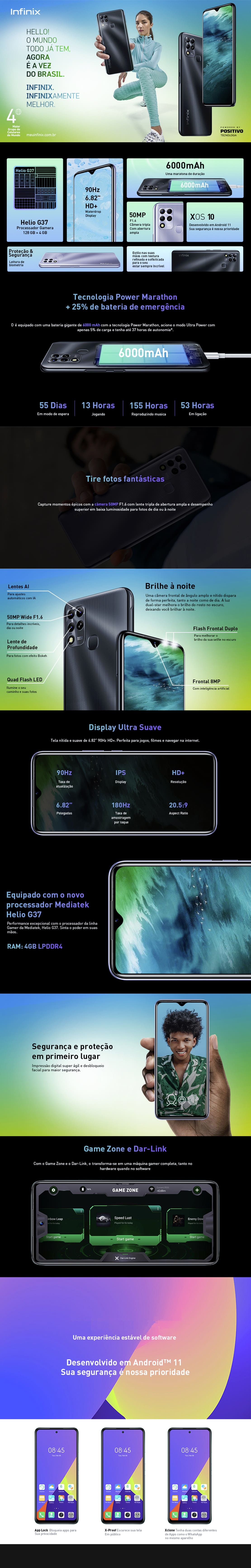 Smartphone Tela 6.8 Infinix 4GB Ram Camera Tripla 128GB HOt 11