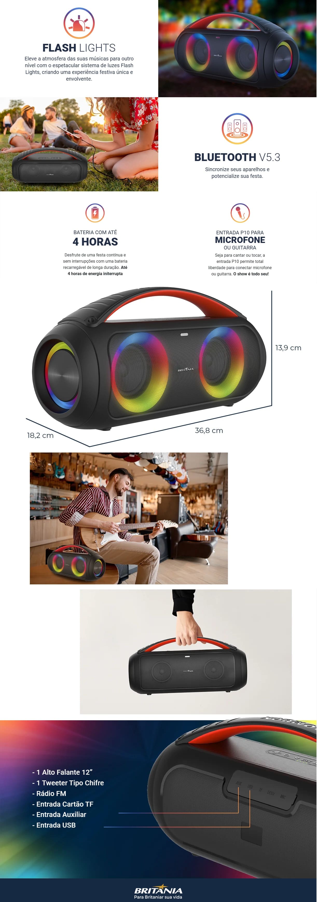 Caixa de Som Portatil Britania 200W RGB Bluetooth Microfone BBS200BT