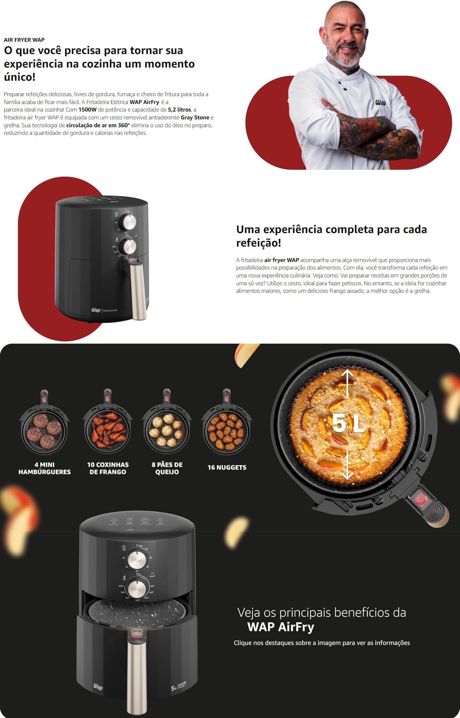 Fitradeira Eletrica Air Fryer 1500W Wap 3.7L Desligamento Automatico Grand Family