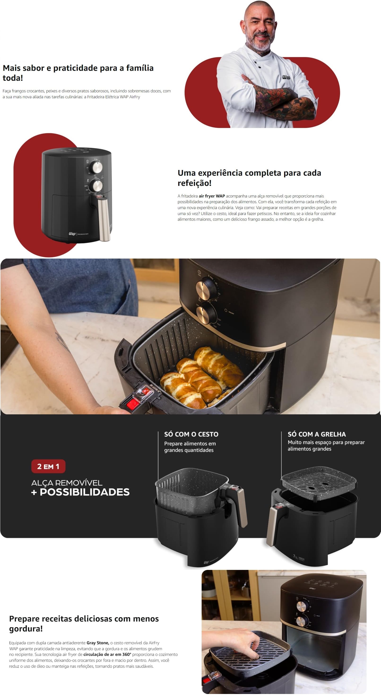 Fitradeira Eletrica Air Fryer 1700W Wap 7.1L Antiaderente Preta Mega Family