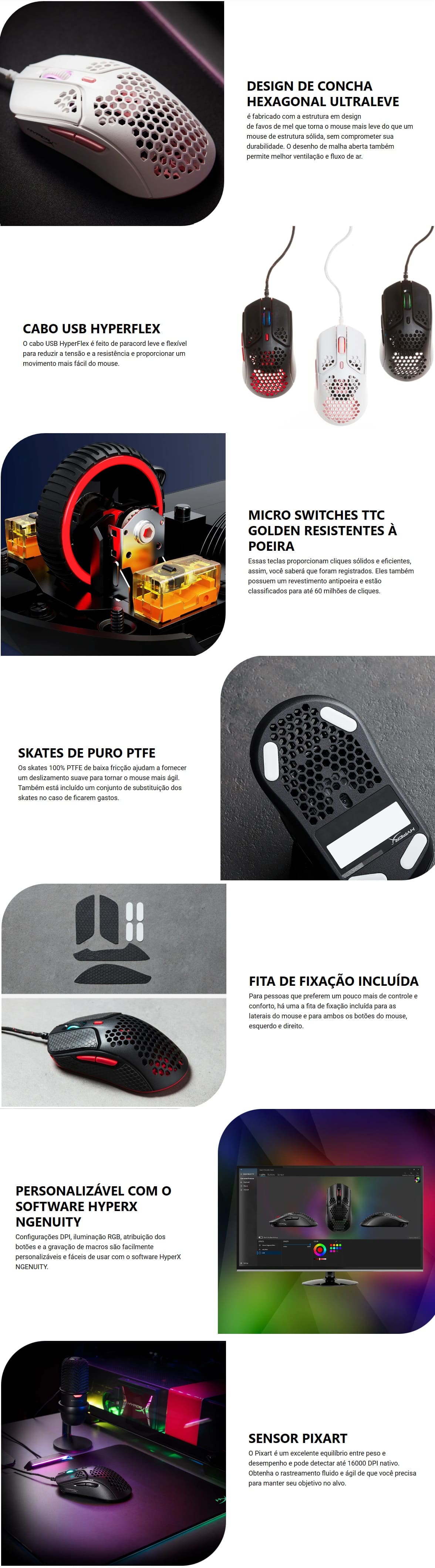 Mouse Gamer com Fio 16.000 DPI Hyperx RGB Cabo Hyperflex pulsefire aste