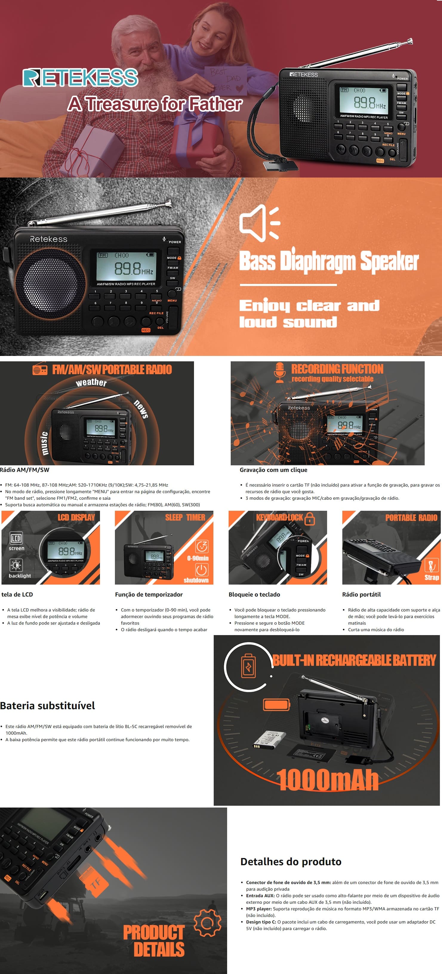 Radio Digital AM FM Portatil Retekess SD Bateria Preto V115 Radio Digital AM FM Portatil Retekess SD Bateria Preto V115