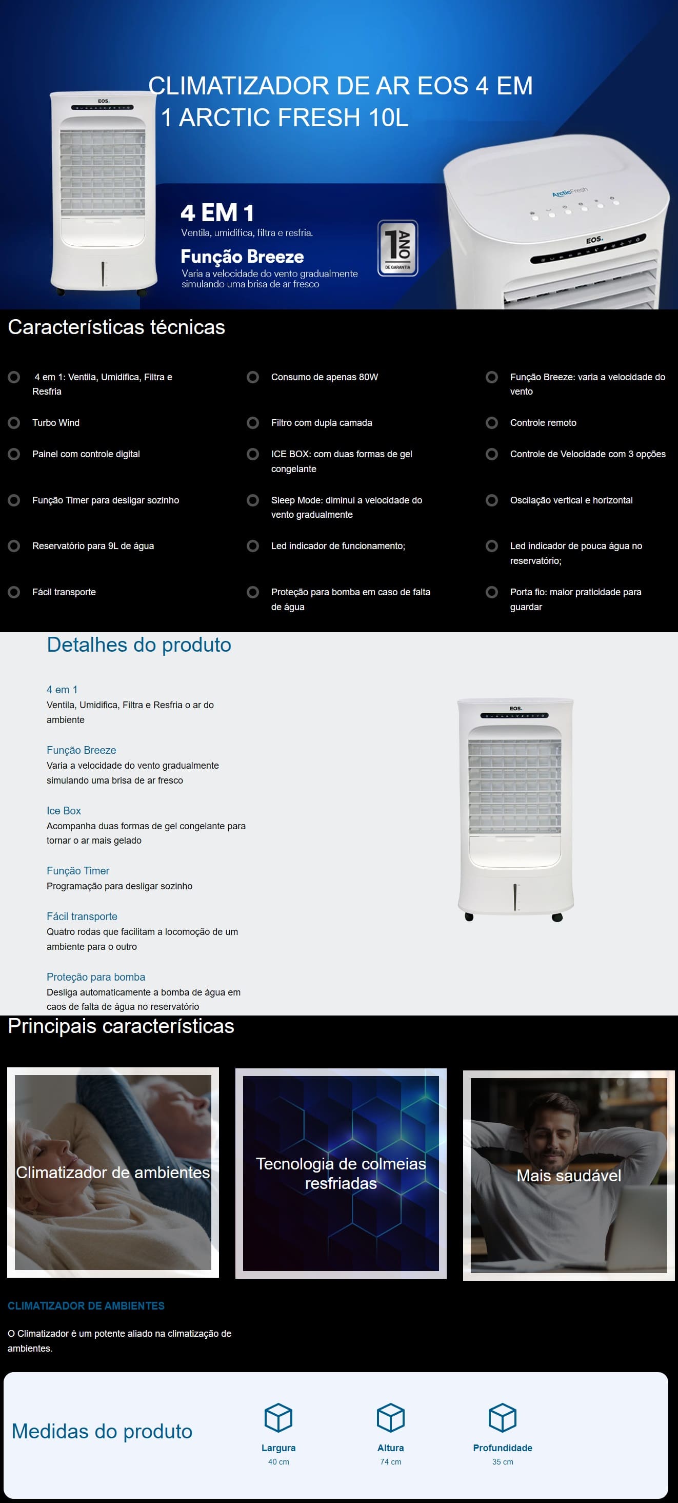 Climatizador de Ar 4X1 EOS 10L Timer 80W Branco ECL100D