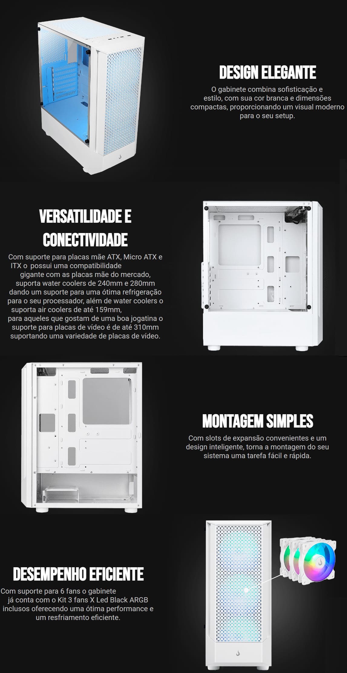 Gabinete Gamer Rise Mid Tower ARGB 3 Fans Lateral Vidro Branco Mode Wave White