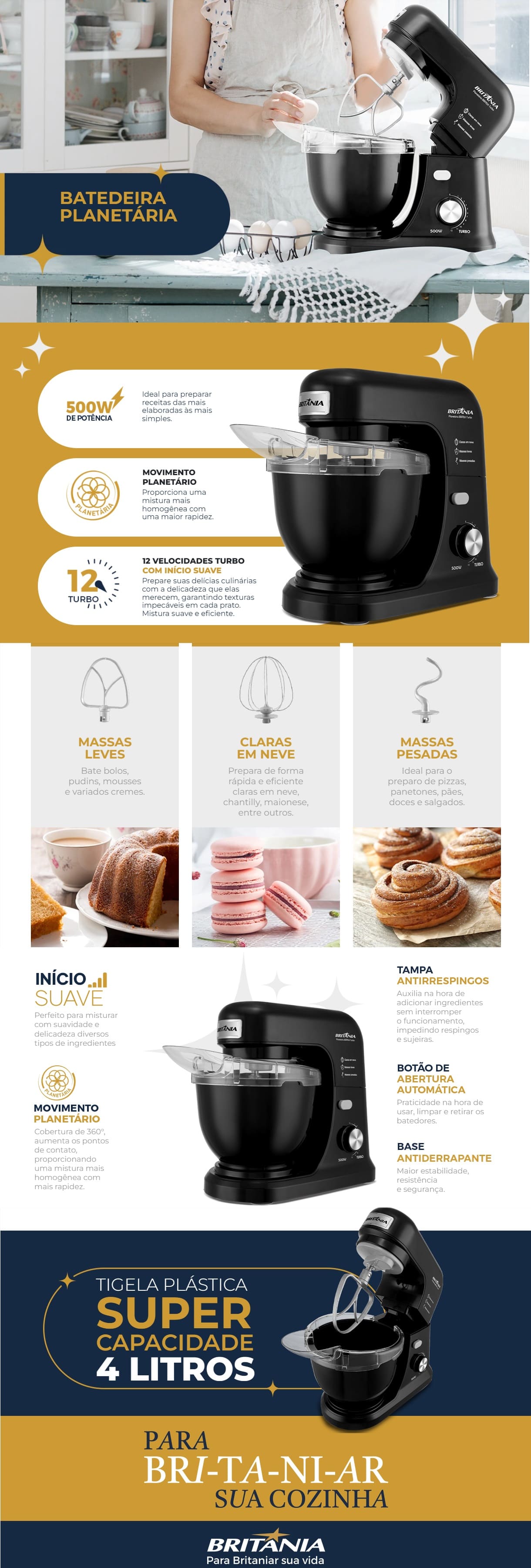 Batedeira Planetaria 500W Britania 12 Velocidades 4L BBPE01 BBP700RS 