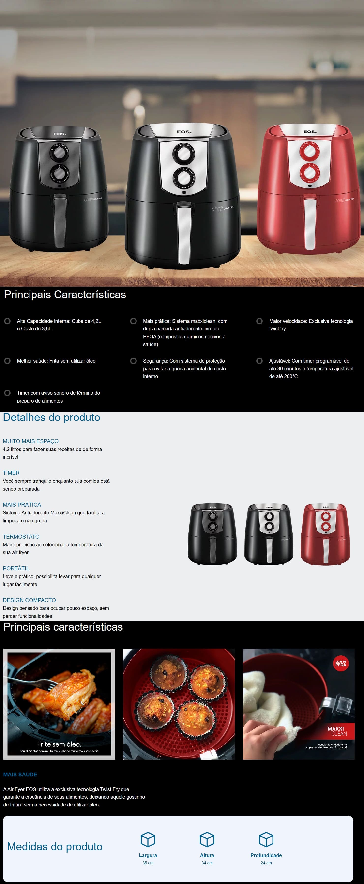 Fritadeira,Eletrica,Air Fryer4,2l,Eos,1500W,Gourmet,Vermelha,EAF42V